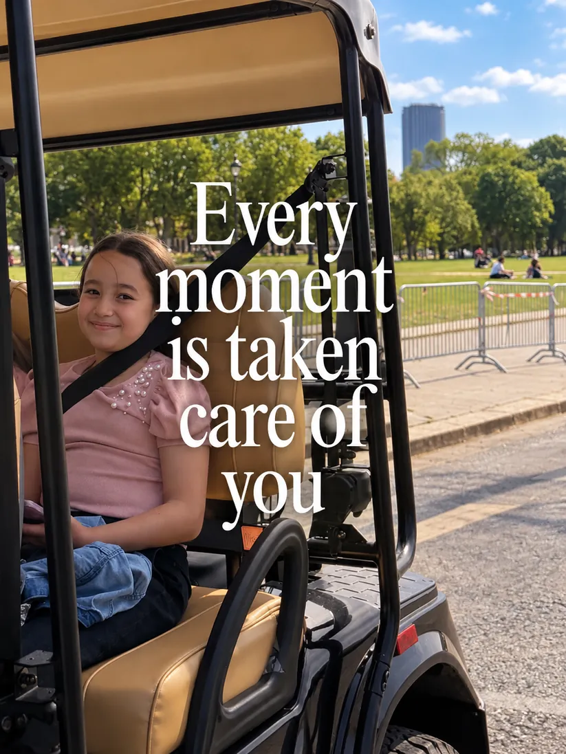 Young guest smiling aboard a private ParisAdventours golf cart