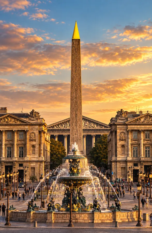 Place de la Concorde fountain and obelisk at sunset